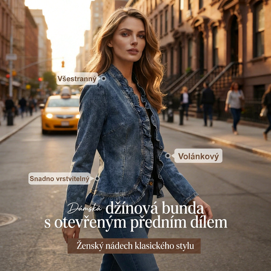 🧥 ČASOVĚ OMEZENÁ NABÍDKA – SLEVA 50 %! ✨ Dámská džínová bunda – vpředu rozepínací, s volánky, lehká, klasický vzhled ✨