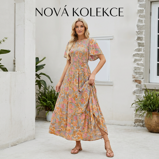 👗Dámské ležérní maxišaty s květinovým potiskem, krátkými volánkovými rukávy, řasením a vysokým pasem