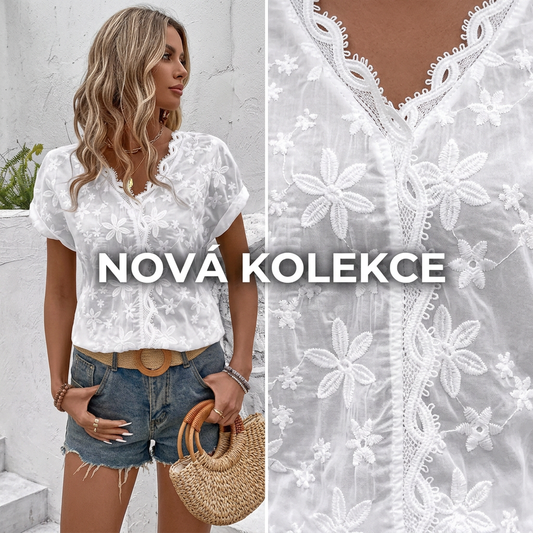 Elegantní bílá krajková halenka s krátkým rukávem a špičatým výstřihem