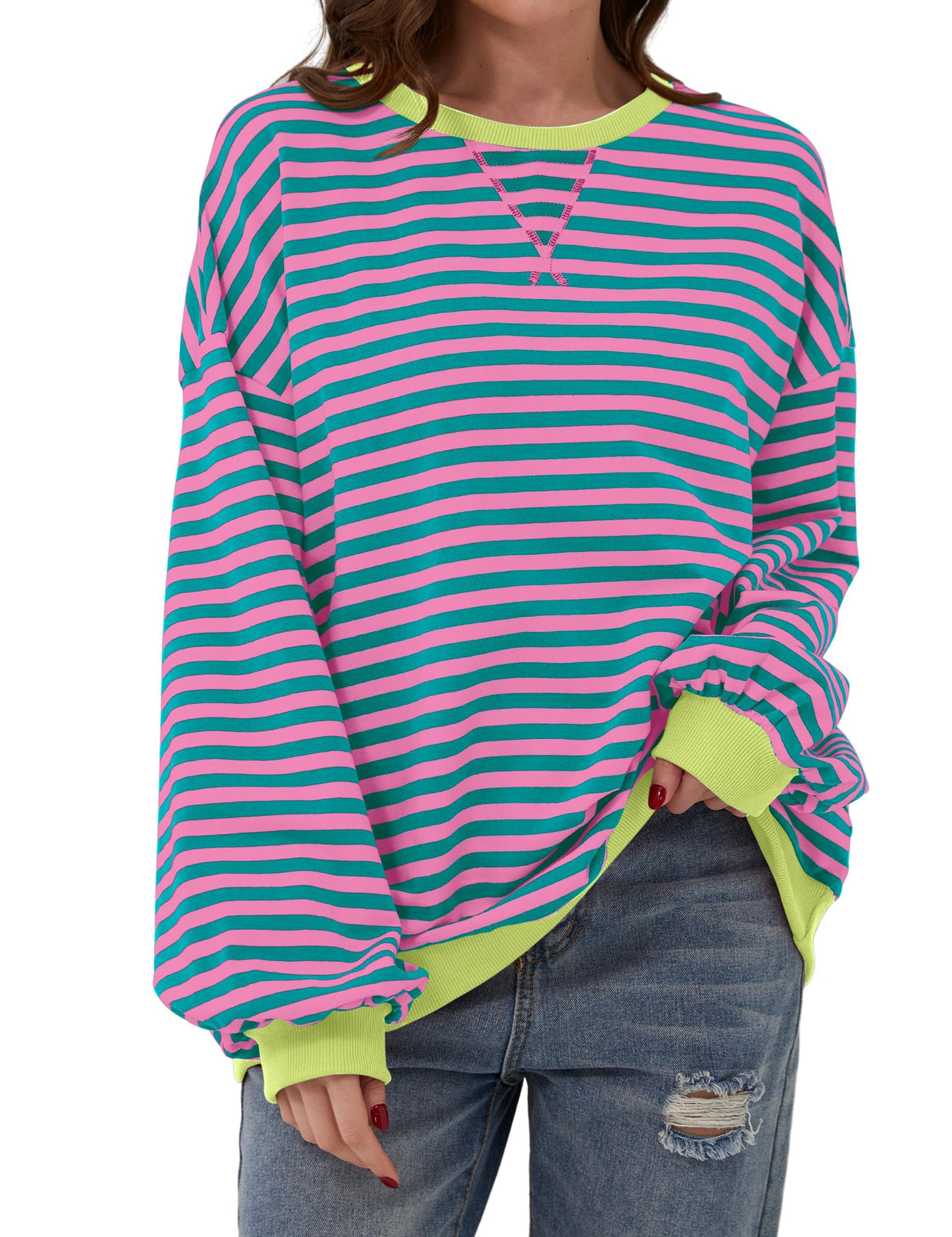 Gestreifter Damen-Oversize-Pullover mit Rundhalsausschnitt