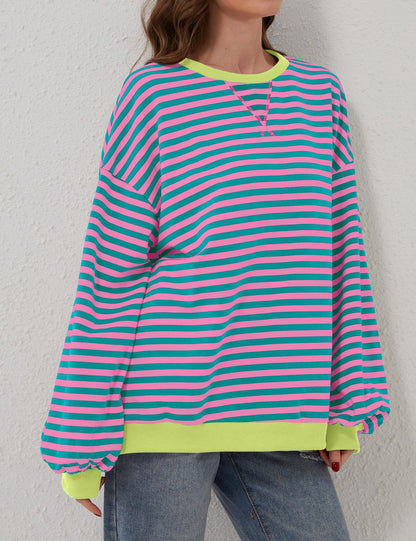 Gestreifter Damen-Oversize-Pullover mit Rundhalsausschnitt