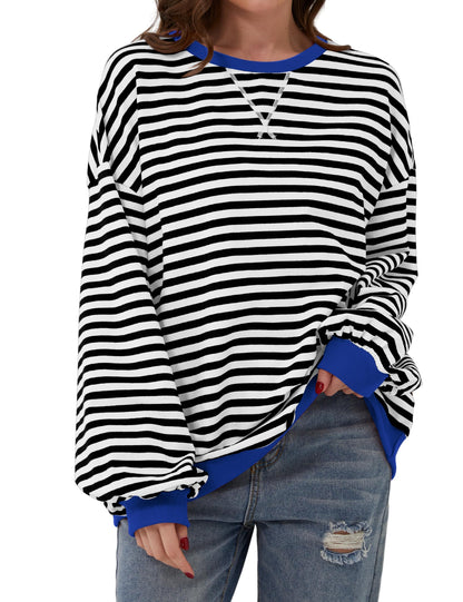 Gestreifter Damen-Oversize-Pullover mit Rundhalsausschnitt
