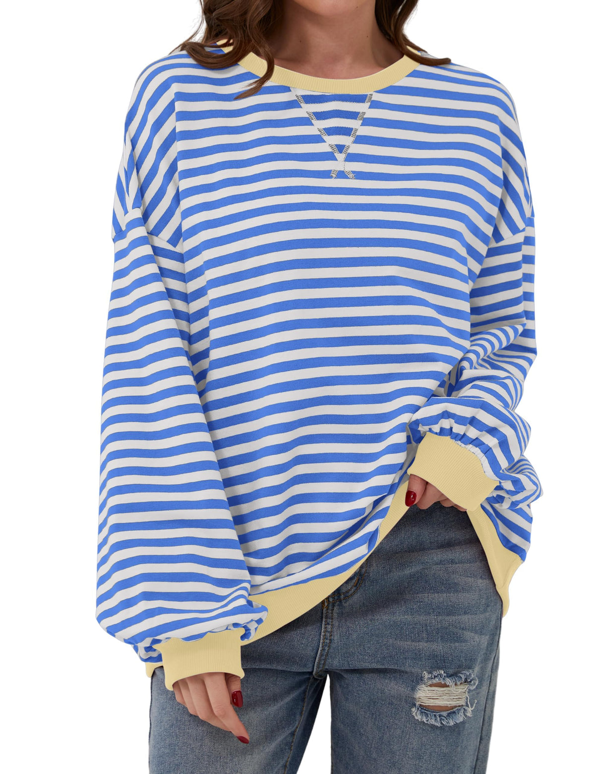 Gestreifter Damen-Oversize-Pullover mit Rundhalsausschnitt