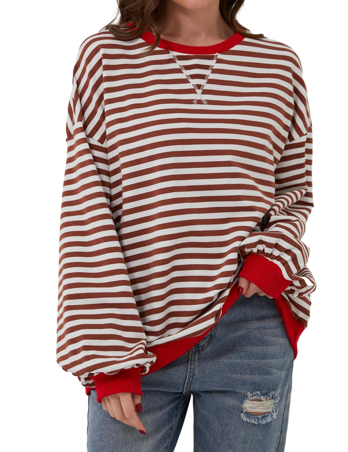 Gestreifter Damen-Oversize-Pullover mit Rundhalsausschnitt