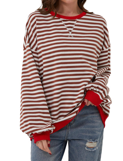 Gestreifter Damen-Oversize-Pullover mit Rundhalsausschnitt