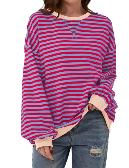 Gestreifter Damen-Oversize-Pullover mit Rundhalsausschnitt