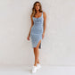 ✨Nastavitelný popruh U-neck split denim bodycon cami šaty