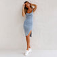 ✨Nastavitelný popruh U-neck split denim bodycon cami šaty