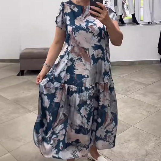 👗Novinka na začátek léta✨Volné květinové šaty s kulatým výstřihem a krátkými rukávy