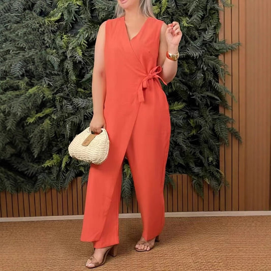 💖Dámské jednobarevné ležérní V-Neck svázané kombinéza