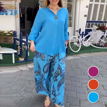 💙Poslední slevová akce v továrně🌸Dámský volnočasový potištěný set s dlouhým rukávem a širokými nohavicemi (2dílný)