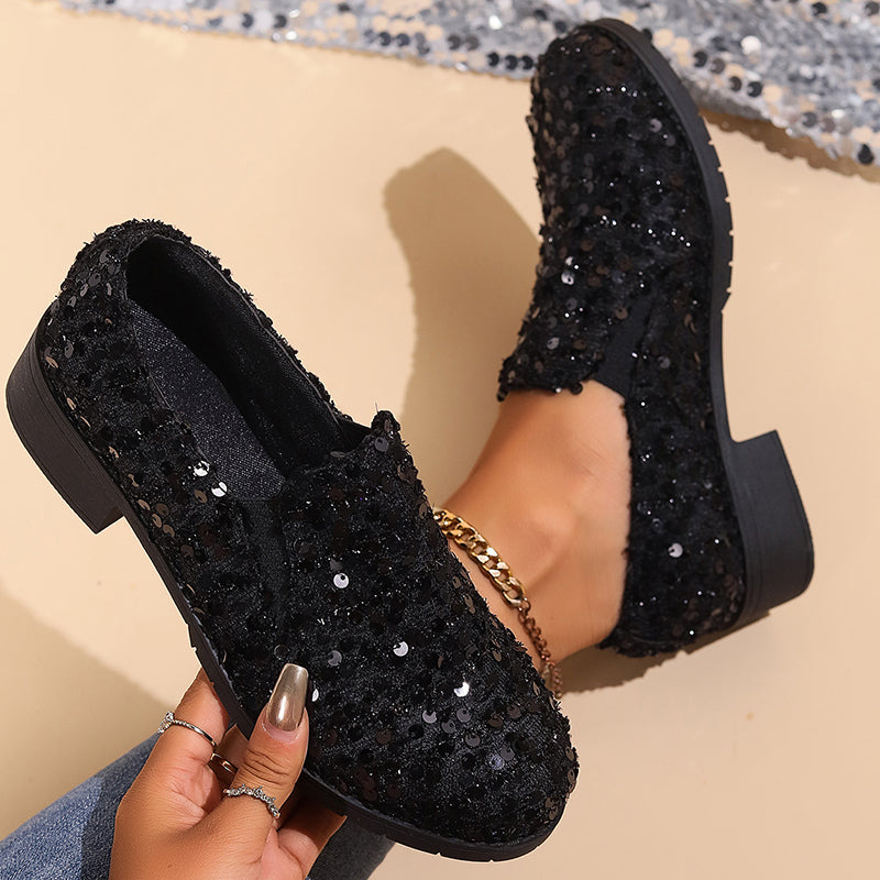 Damen Pailletten-Loafer in Schwarz mit 3,5-cm-Blockabsatz