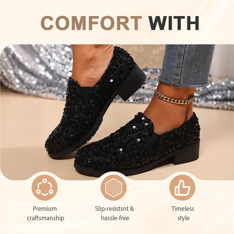Damen Pailletten-Loafer in Schwarz mit 3,5-cm-Blockabsatz