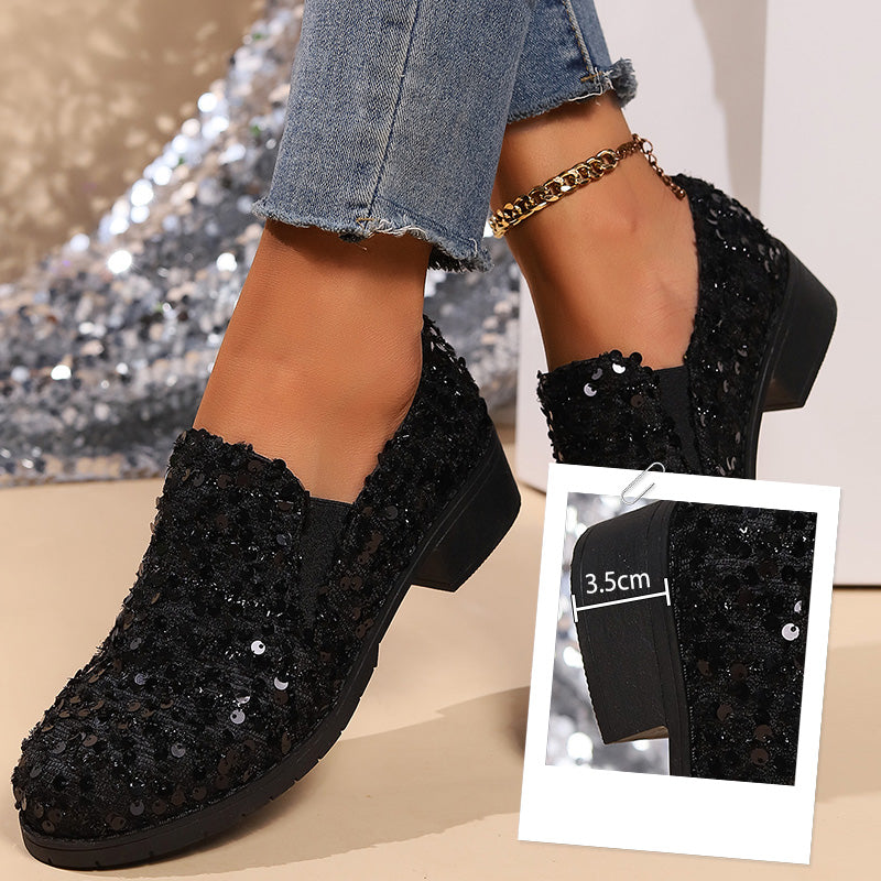 Damen Pailletten-Loafer in Schwarz mit 3,5-cm-Blockabsatz
