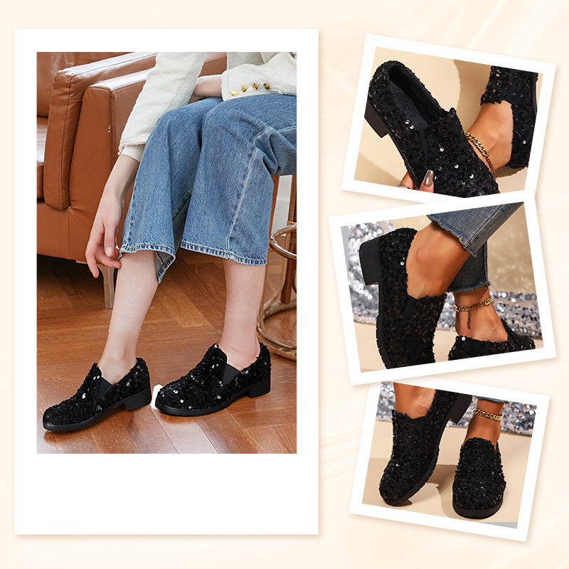 Damen Pailletten-Loafer in Schwarz mit 3,5-cm-Blockabsatz