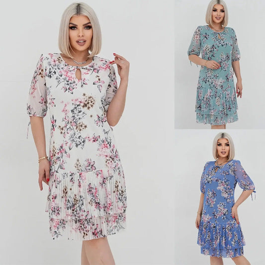 🌹Elegantní šifonové dlouhé plisované šaty s krátkými rukávy
