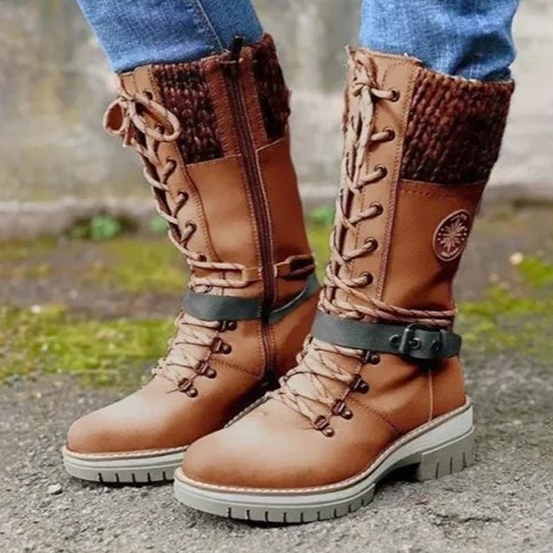 👢❄️Damen Schnürstiefel mit Strickbund und seitlichem Reißverschluss