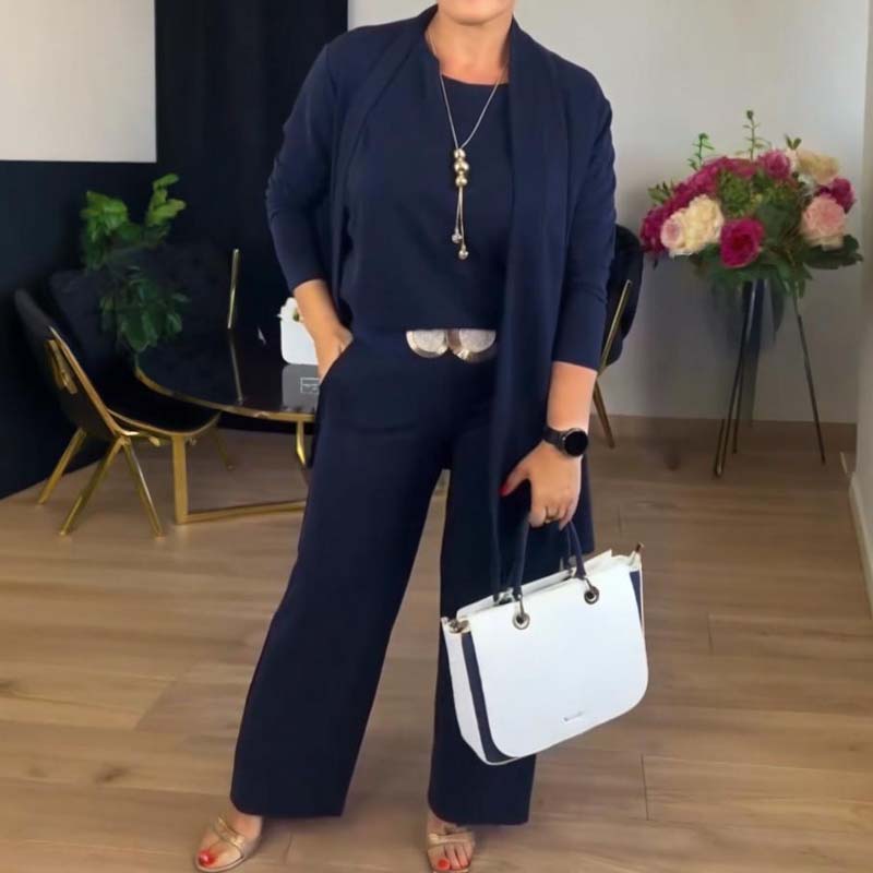 Damen-Set, 3-teilig – langer Cardigan, Oberteil & weite Hose
