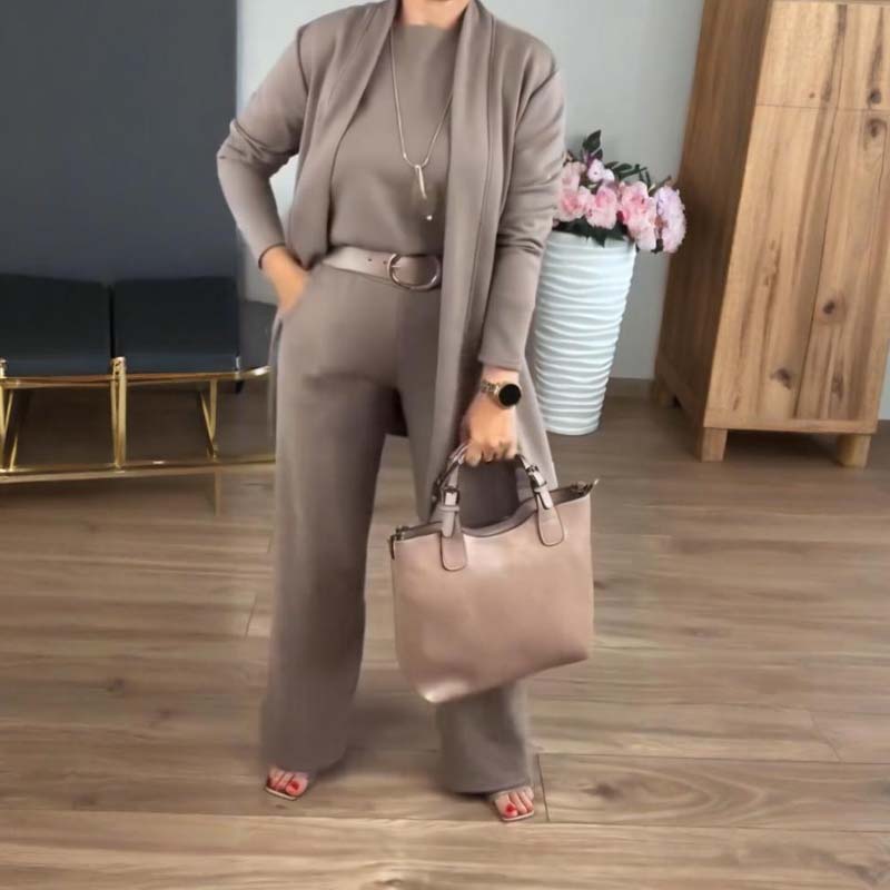 Damen-Set, 3-teilig – langer Cardigan, Oberteil & weite Hose