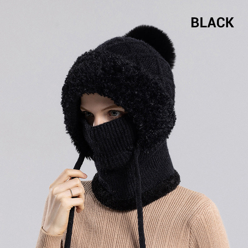 Damen 3-in-1-Sturmhaube mit Plüschfutter und Bommel