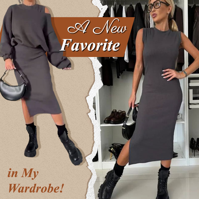 ✨ LETZTER TAG VERKAUF 50% RABATT ✨Damen-Set mit Sweatshirt mit schrägen Schultern und ärmellosem Kleid