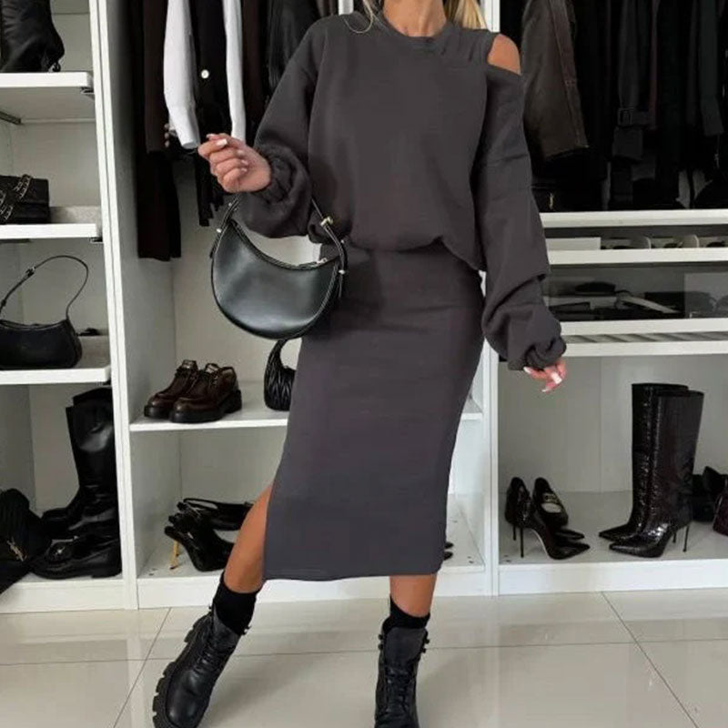 ✨ LETZTER TAG VERKAUF 50% RABATT ✨Damen-Set mit Sweatshirt mit schrägen Schultern und ärmellosem Kleid