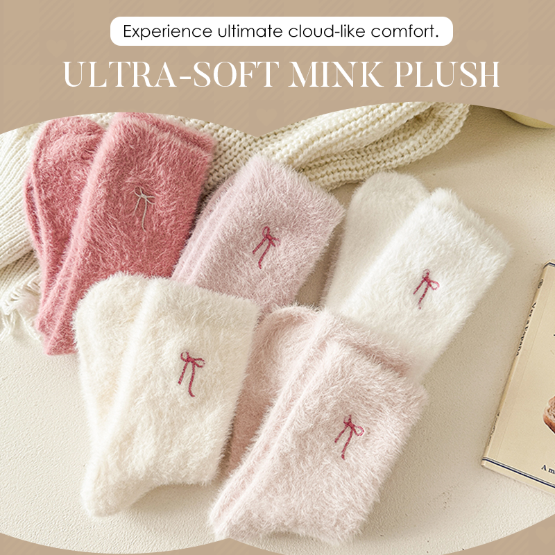 3 Paar Damen-Socken aus Plüsch-Nerz mit gestickter Schleife