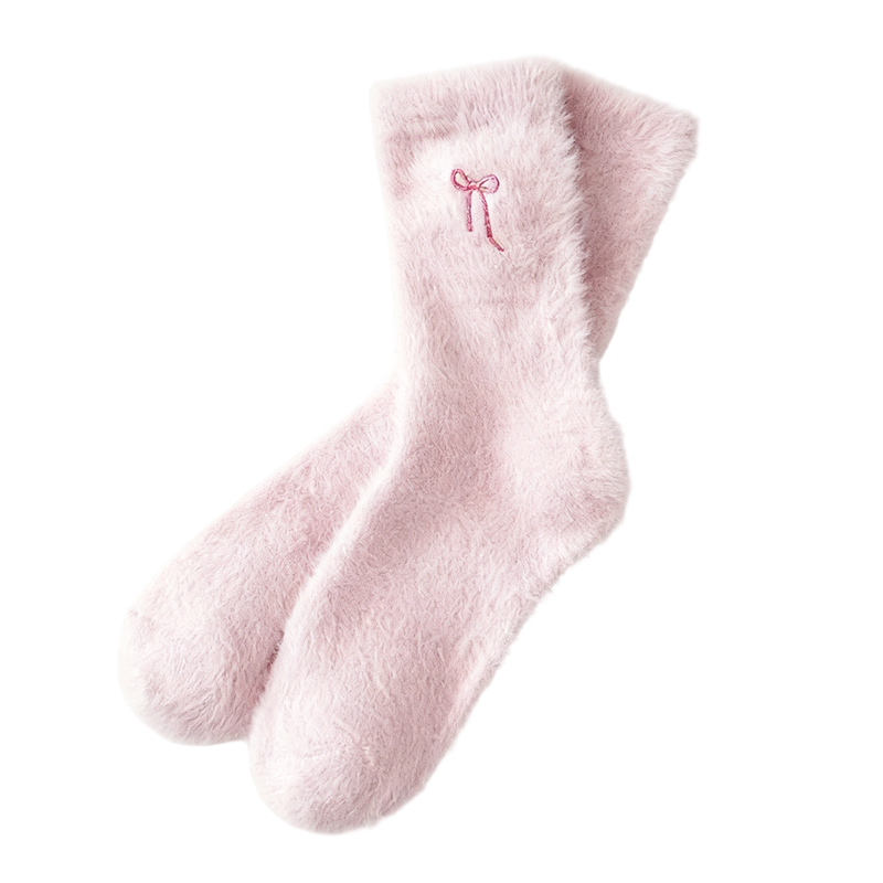 3 Paar Damen-Socken aus Plüsch-Nerz mit gestickter Schleife