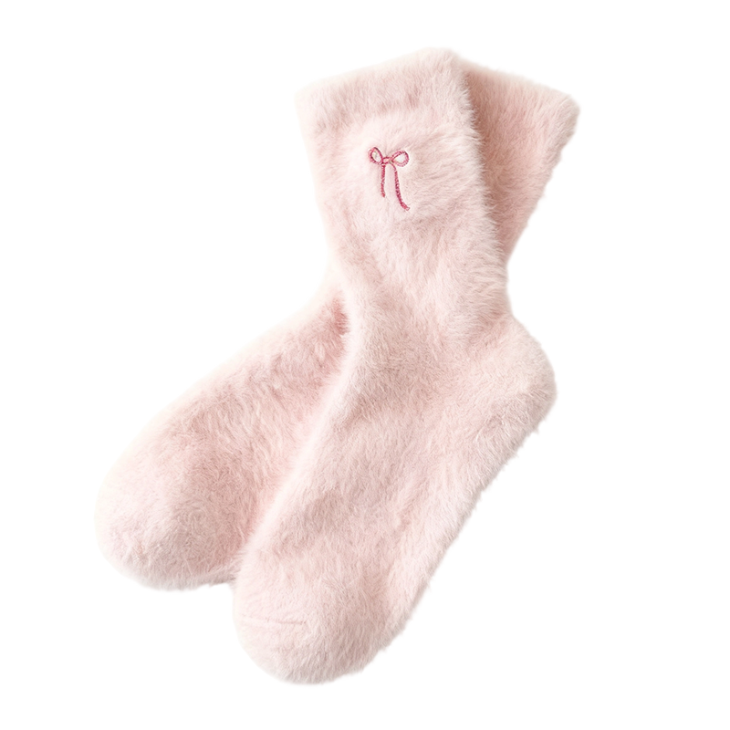 3 Paar Damen-Socken aus Plüsch-Nerz mit gestickter Schleife