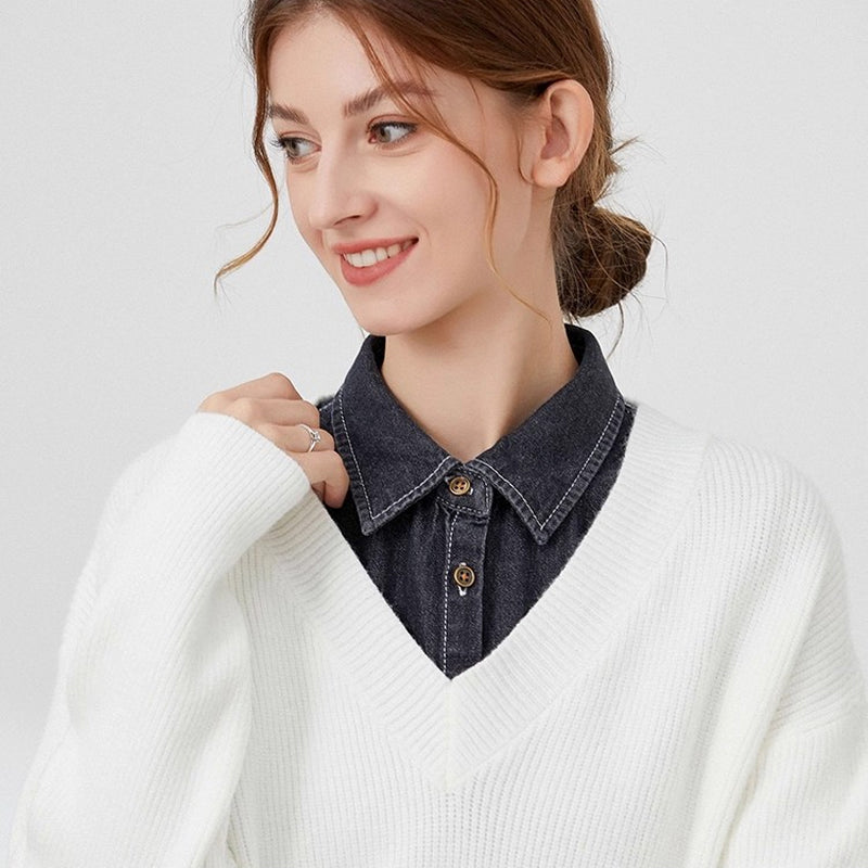 Damen Jeans-Einlegekragen mit Knopfleiste – 2er-Set