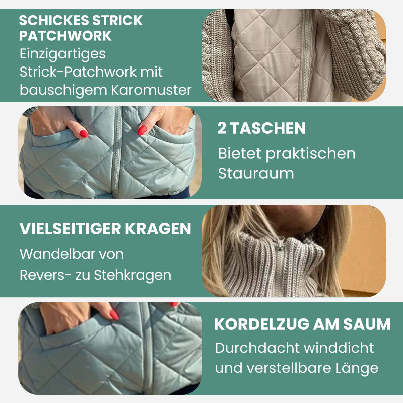 🔥Eine sehr warme und preiswerte Strick-Daunenjacke.🎉Gestrickte Patchwork-Pufferjacke für Damen