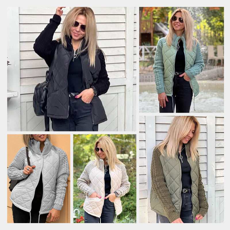 🔥Eine sehr warme und preiswerte Strick-Daunenjacke.🎉Gestrickte Patchwork-Pufferjacke für Damen
