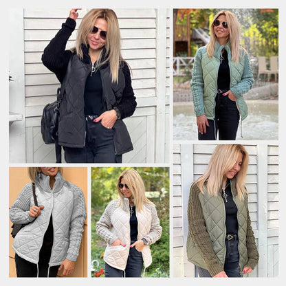 🔥Eine sehr warme und preiswerte Strick-Daunenjacke.🎉Gestrickte Patchwork-Pufferjacke für Damen