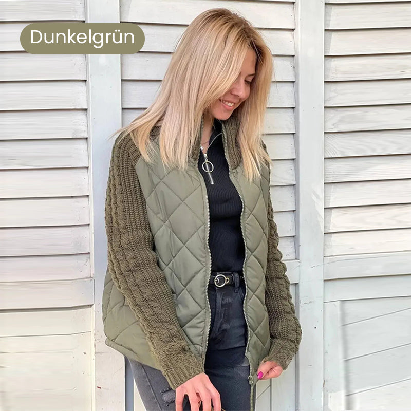 🔥Eine sehr warme und preiswerte Strick-Daunenjacke.🎉Gestrickte Patchwork-Pufferjacke für Damen