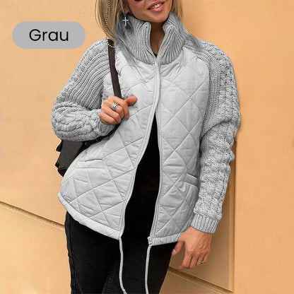 🔥Eine sehr warme und preiswerte Strick-Daunenjacke.🎉Gestrickte Patchwork-Pufferjacke für Damen