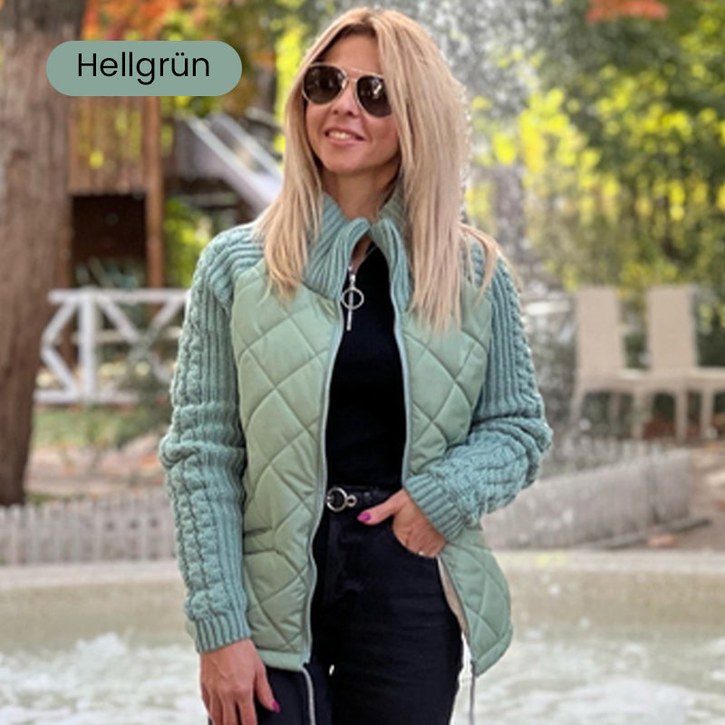 🔥Eine sehr warme und preiswerte Strick-Daunenjacke.🎉Gestrickte Patchwork-Pufferjacke für Damen