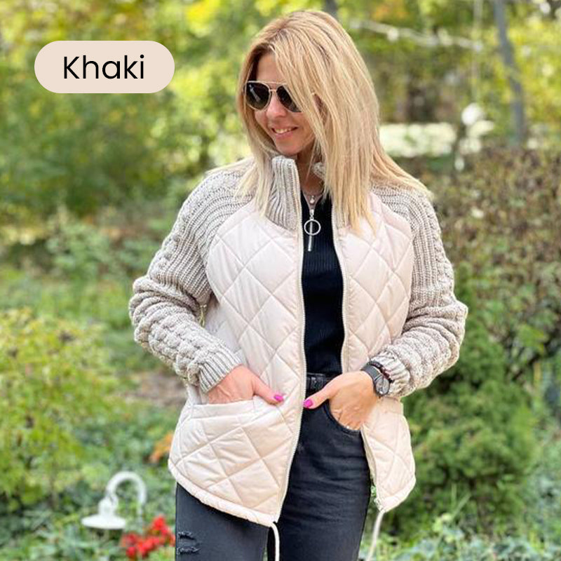 🔥Eine sehr warme und preiswerte Strick-Daunenjacke.🎉Gestrickte Patchwork-Pufferjacke für Damen