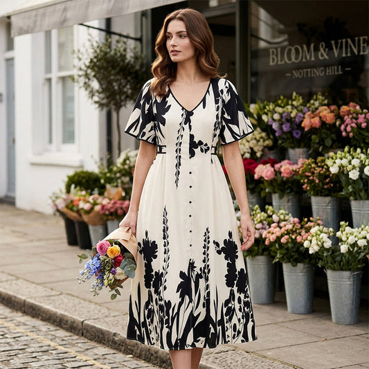 👗 NYNÍ S 40% SLEVOU! 🌿 Midi šaty s výstřihem do V a jemným botanickým potiskem – elegantní, lehké a univerzální pro každou příležitost 🌸