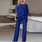 👗✨ Dámská souprava s asymetrickým topem se sifonovým lemem a kalhotami s rozšiřujícími se nohavicemi – 5 barev | M–3XL | Elegantní | Ležérní šik