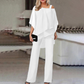👗✨ Dámská souprava s asymetrickým topem se sifonovým lemem a kalhotami s rozšiřujícími se nohavicemi – 5 barev | M–3XL | Elegantní | Ležérní šik