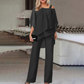👗✨ Dámská souprava s asymetrickým topem se sifonovým lemem a kalhotami s rozšiřujícími se nohavicemi – 5 barev | M–3XL | Elegantní | Ležérní šik