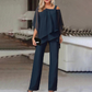 👗✨ Dámská souprava s asymetrickým topem se sifonovým lemem a kalhotami s rozšiřujícími se nohavicemi – 5 barev | M–3XL | Elegantní | Ležérní šik