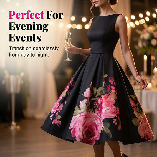 Elegantní bezrukávové šaty do A-linie v délce midi s květinovým vzorem