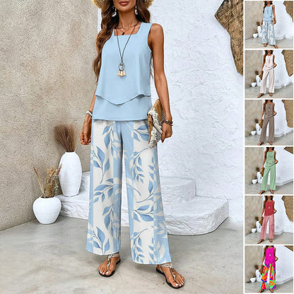 Dámské trendy potištěné 2-dílné outfity bezrukávkový top & kalhoty