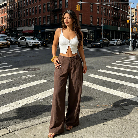 Dámské kalhoty s vysokým pasem a širokými nohavicemi