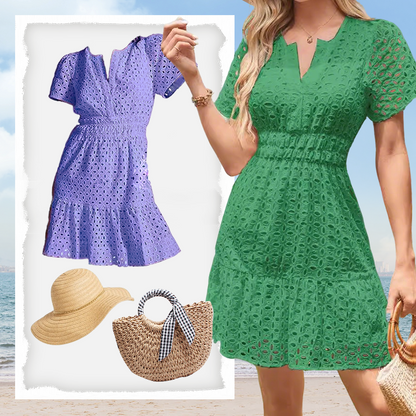 Dámské šaty s výstřihem do V, krátkým rukávem a prolamovaným vzorem