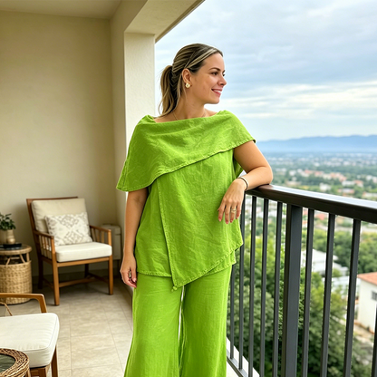 🌟Dvoudílný set v bavlněno-lněném stylu | Asymetrická blůza + kalhoty s širokými nohavicemi🧡