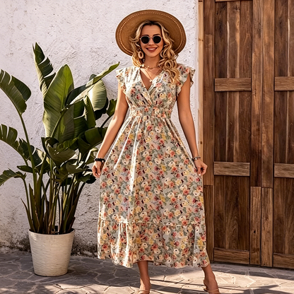 👗 Šaty s květinovým vzorem a gumou v pase – Výstřih do V, splývavé, pohodlné ✨