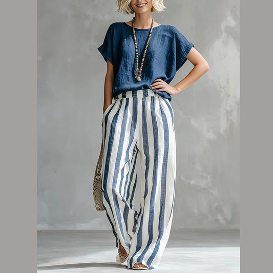 👖 Jednobarevný top + pruhované kalhoty s širokými nohavicemi | Volný střih, který zeštíhluje 🌼