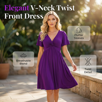 👗Elegantní šaty s výstřihem do V a krouceným předním dílem s kapsami💜